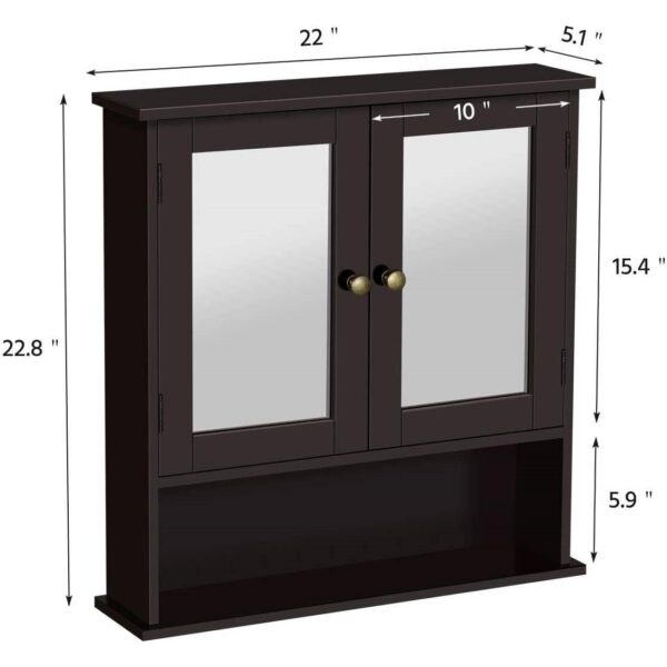 Espresso Brown 2-Door Wall Mounted Medicine Cabinet Bathroom Mirror with Shelf - Image 5