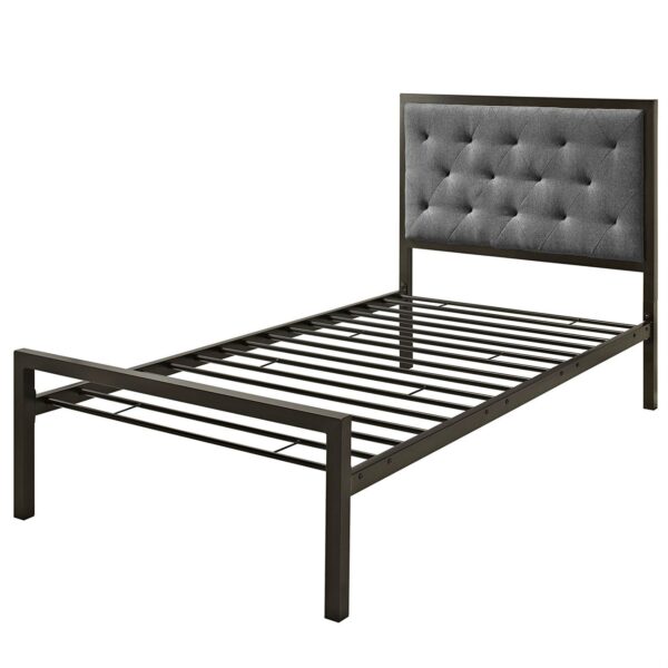 Twin Metal Platform Bed with Gray Fabric Button Tufted Upholstered Headboard - Image 2