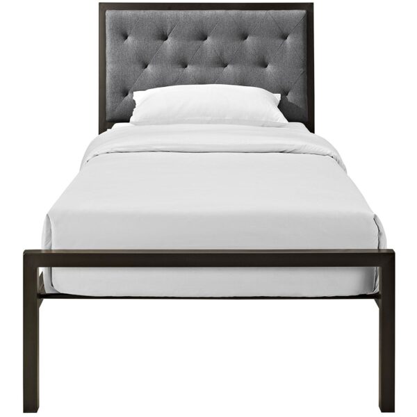 Twin Metal Platform Bed with Gray Fabric Button Tufted Upholstered Headboard - Image 3