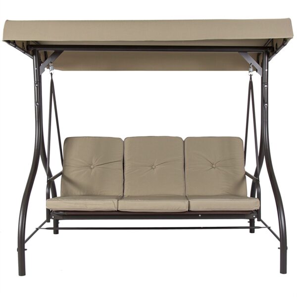 Tan 3-Seat Outdoor Porch Deck Patio Canopy Swing with Cushions - Image 2
