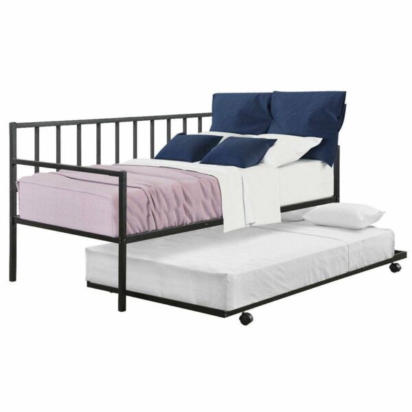 Twin size Black Metal Daybed with Roll-out Trundle Bed Frame - Image 2