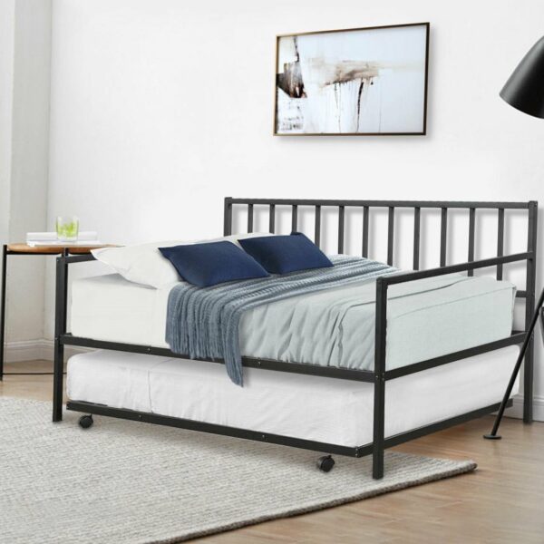 Twin size Black Metal Daybed with Roll-out Trundle Bed Frame - Image 3