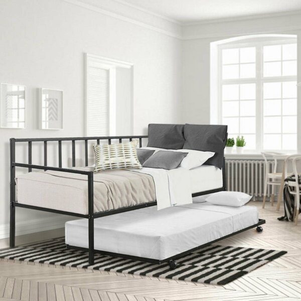 Twin size Black Metal Daybed with Roll-out Trundle Bed Frame - Image 4