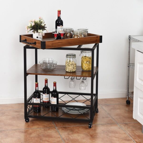 Wood Iron Kitchen Cart with Removeable Tray Top and Wheels - Image 5