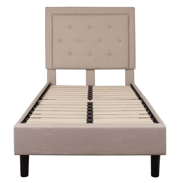Twin Beige Fabric Upholstered Platform Bed with Button Tufted Headboard - Image 2
