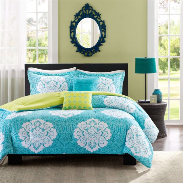 Twin size Teal Blue Damask Comforter Set with Green Accents - Image 2