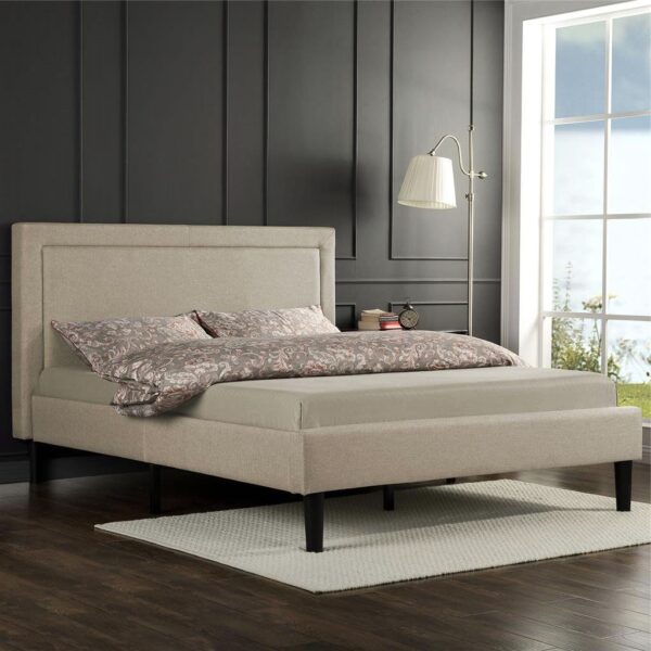 Queen size Taupe Upholstered Platform Bed with Headboard - Image 2