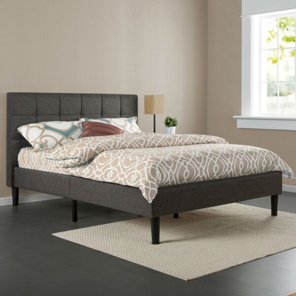 Queen size Dark Grey Upholstered Platform Bed Frame with Headboard - Image 2