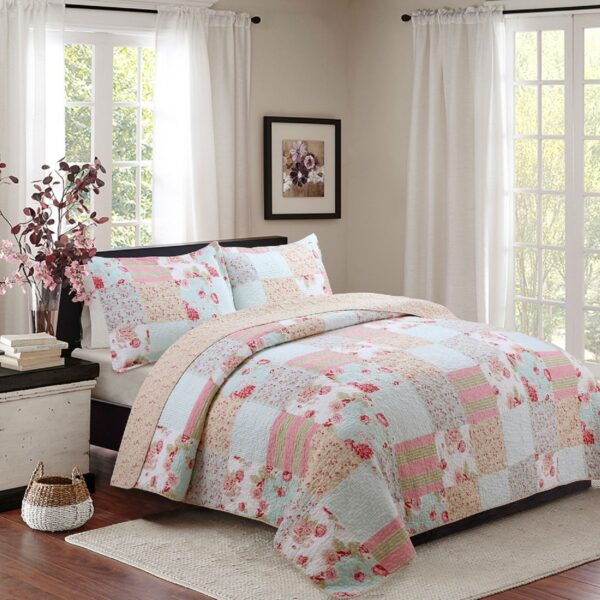 King size 3-Piece Cotton Patchwork Quilt Set with Pink Blue Floral Pattern - Image 2