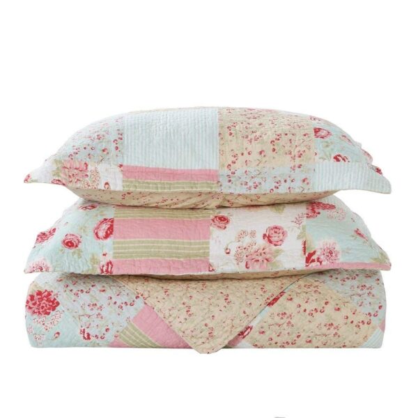 King size 3-Piece Cotton Patchwork Quilt Set with Pink Blue Floral Pattern - Image 3