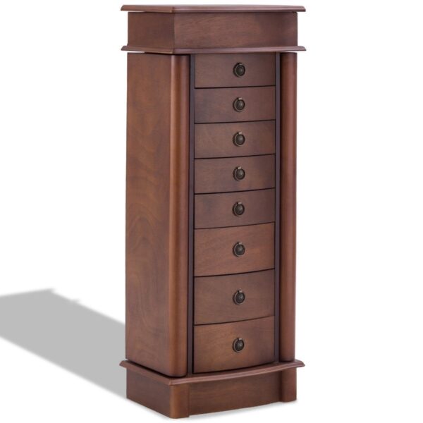 Brown Wood 8-Drawer Jewelry Armoire Chest Storage Cabinet with Mirror - Image 2