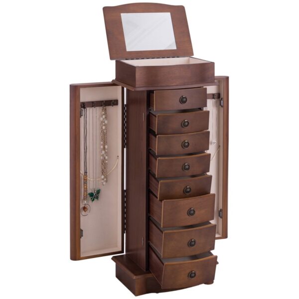 Brown Wood 8-Drawer Jewelry Armoire Chest Storage Cabinet with Mirror - Image 4