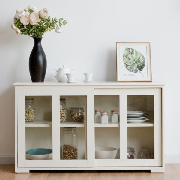 Modern Cream White Wood Buffet Sideboard Cabinet with Glass Sliding Door - Image 4