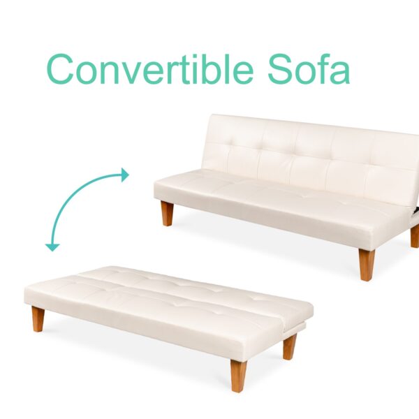 Convertible Faux Leather Tufted Lounge Futon Sofa Bed Adjustable Back in White - Image 3