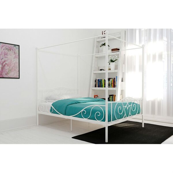 Full size White Metal Canopy Bed Frame with Heavy Duty Steel Slats - Image 4