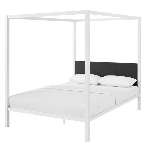 Queen size White Metal Canopy Bed Frame with Grey Fabric Upholstered Headboard - Image 2