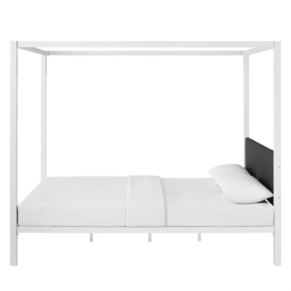 Queen size White Metal Canopy Bed Frame with Grey Fabric Upholstered Headboard - Image 3