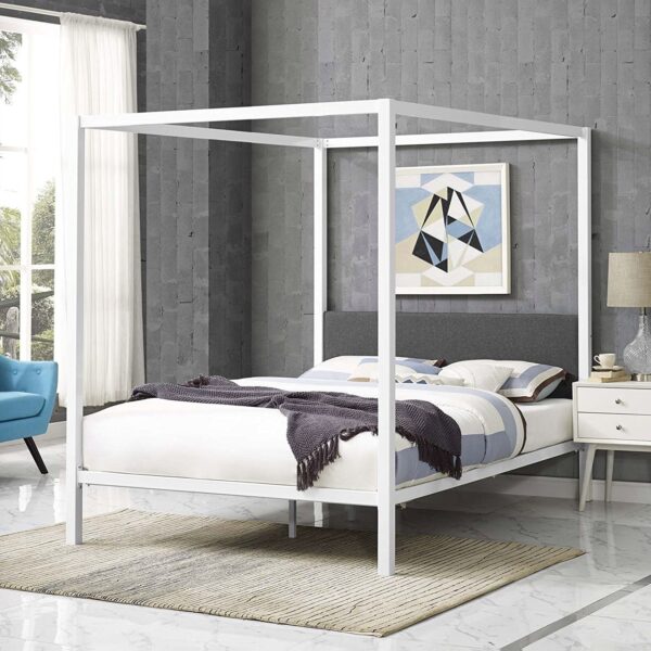 Queen size White Metal Canopy Bed Frame with Grey Fabric Upholstered Headboard - Image 4