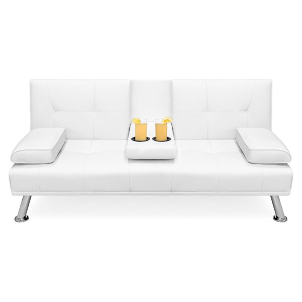 White Faux Leather Convertible Sofa Futon with 2 Cup Holders