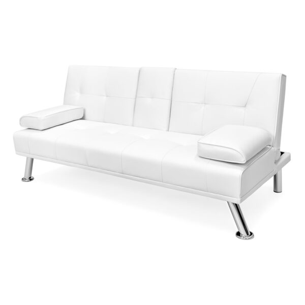 White Faux Leather Convertible Sofa Futon with 2 Cup Holders - Image 3