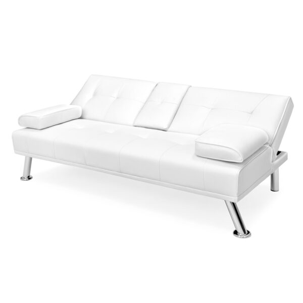 White Faux Leather Convertible Sofa Futon with 2 Cup Holders - Image 4