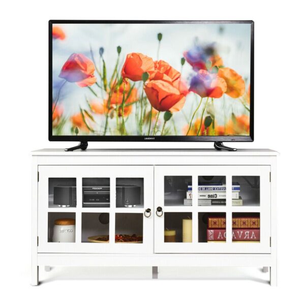 White Wood Entertainment Center TV Stand with Glass Panel Doors - Image 4