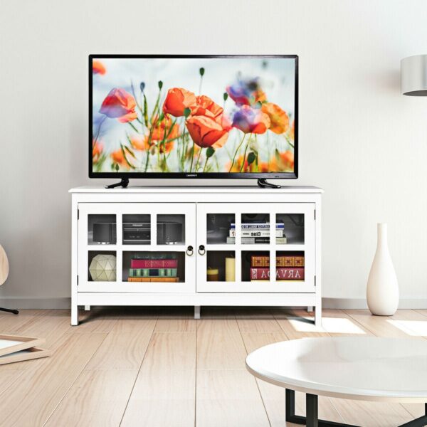 White Wood Entertainment Center TV Stand with Glass Panel Doors - Image 5