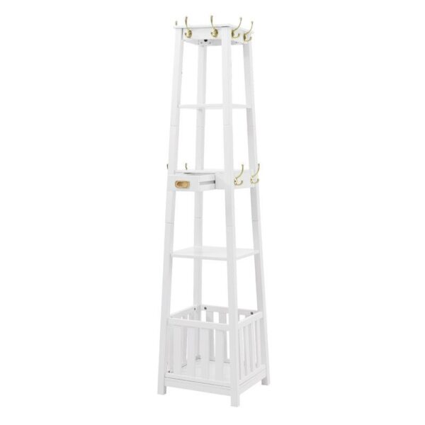 White Entryway Shelf Drawer Coat Rack Hall Storage Tree