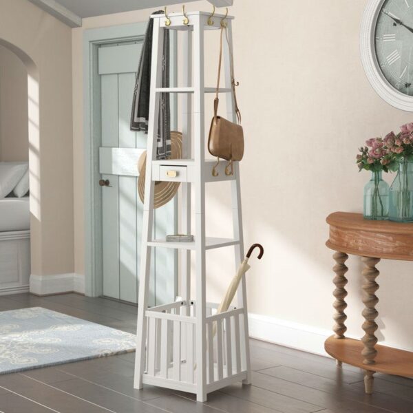 White Entryway Shelf Drawer Coat Rack Hall Storage Tree - Image 3