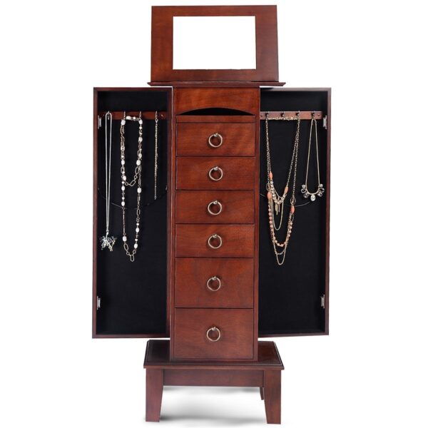 Medium Brown Wood Jewlery Armoire Storage Chest Cabinet with Mirror - Image 3