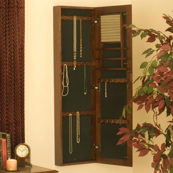 Wall Mount Jewelry Armoire Cabinet and Mirror in Oak Wood Finish - Image 2