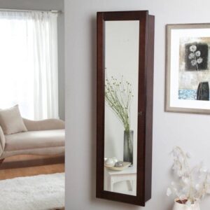 Wall Mounted Locking Jewelry Armoire Cabinet in Espresso Wood Finish