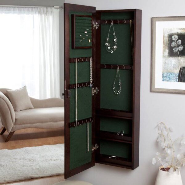 Wall Mounted Locking Jewelry Armoire Cabinet in Espresso Wood Finish - Image 2