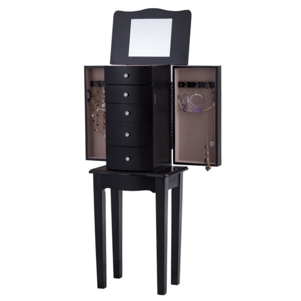 Black Wood 5-Drawer Jewelry Chest Storage Chest Cabinet with Mirror - Image 5