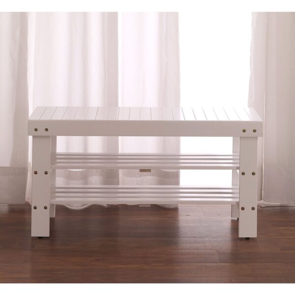 Solid Wood Shoe Rack Entryway Storage Bench in White - Image 2