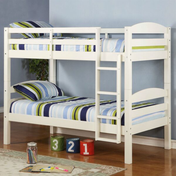 White Wood Twin over Twin Bunk Bed with Ladder and Guardrail - Image 2