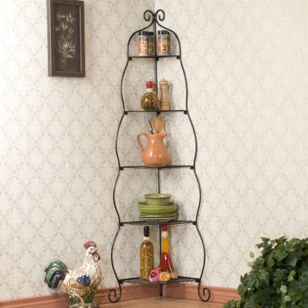 Corner Bakers Rack 5-Tier Shelves with Decorative Metal Scrollwork - Image 3