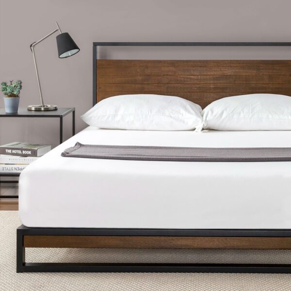 Full size Metal Wood Platform Bed Frame with Headboard - Image 2