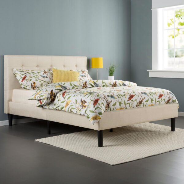 Twin size Taupe Fabric Upholstered Platform Bed with Tufted Headboard - Image 3