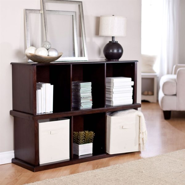 Modern Brown Espresso Stacking Storage Unit 1-Shelf Bookcase with 3 Canvas Bins - Image 2
