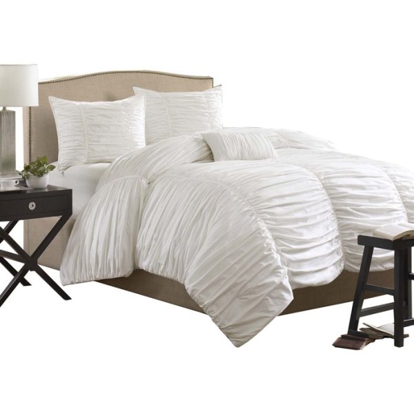 King size 4 Piece Comforter Set in Rouched White Cotton & Microsuede - Image 2