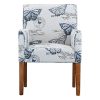 Modern Linen Upholstered Armchair with Blue Butterfly Pattern and Wood Legs - Image 2
