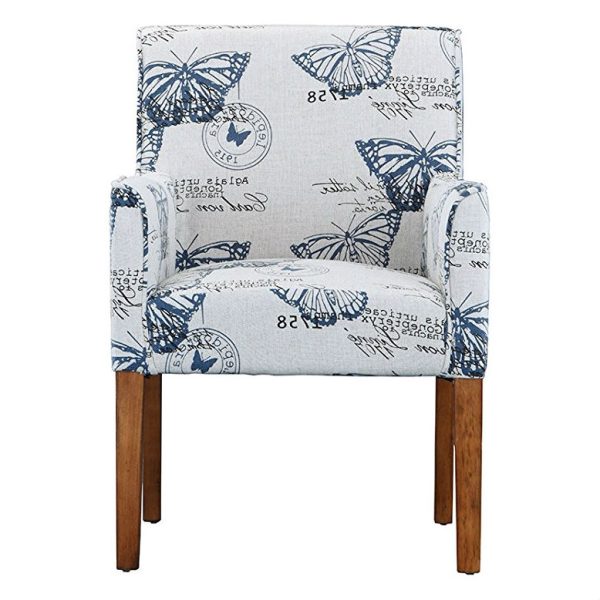 Modern Linen Upholstered Armchair with Blue Butterfly Pattern and Wood Legs - Image 2