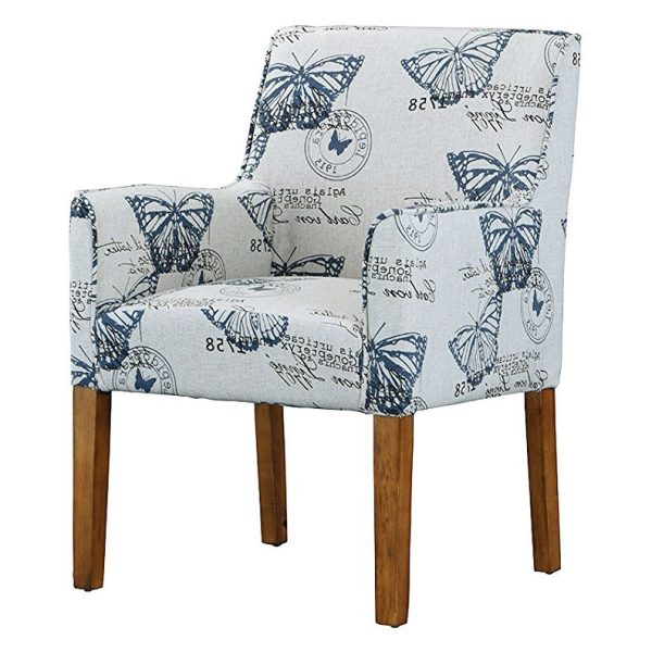 Modern Linen Upholstered Armchair with Blue Butterfly Pattern and Wood Legs - Image 3