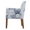 Modern Linen Upholstered Armchair with Blue Butterfly Pattern and Wood Legs - Image 4
