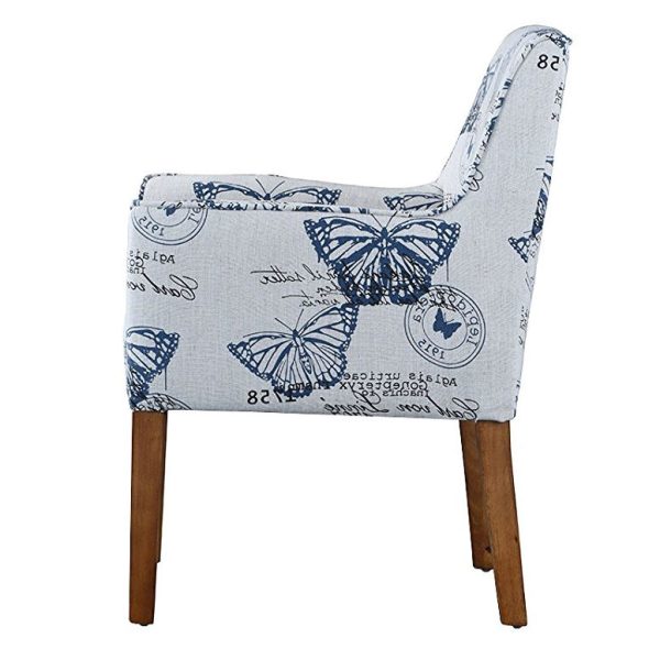 Modern Linen Upholstered Armchair with Blue Butterfly Pattern and Wood Legs - Image 4