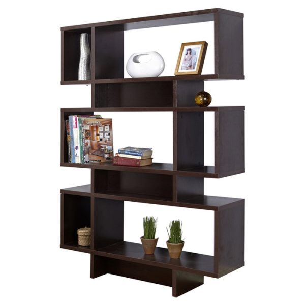 Modern 63-inch high Bookcase Geometric  Display Shelf in Espresso Wood Finish - Image 2