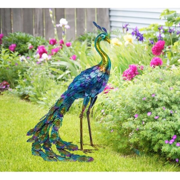 Outdoor Garden Metal Blue/Green Peacock Statue - Image 4