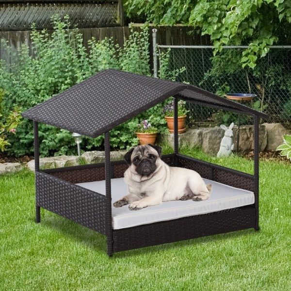 Espresso Wicker Weather Resistant Raised Dog Bed House with 2 in Thick Cushion - Image 2