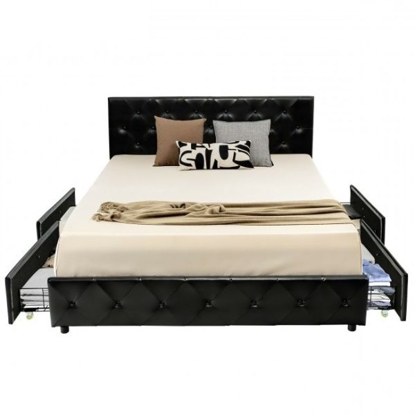 Queen Size Black PU Leather Button Tufted Platform Bed with 4 Storage Drawers - Image 2